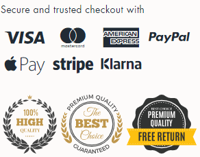 Secure and trusted checkout with VISA, Mastercard, Paypal, applepay, stripe, Klarna. Premium quality
