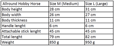 Size chart for allround hobby horses